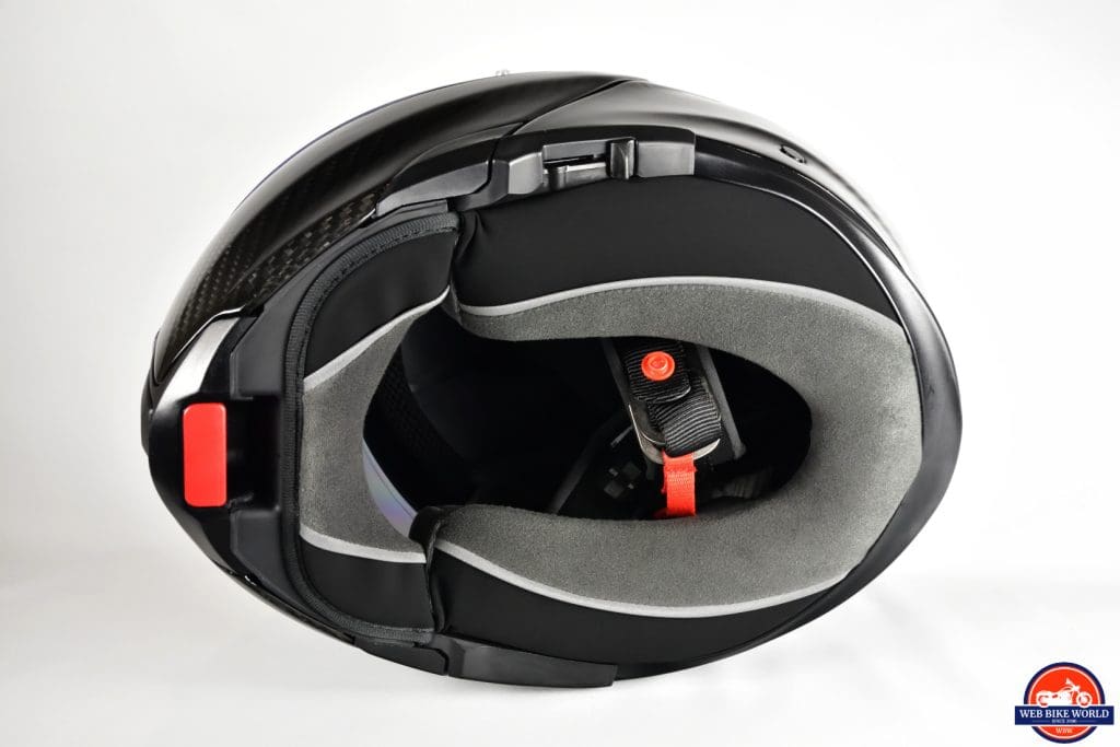 AGV Sportmodular Carbon Gloss helmet bottom view with chinstrap.