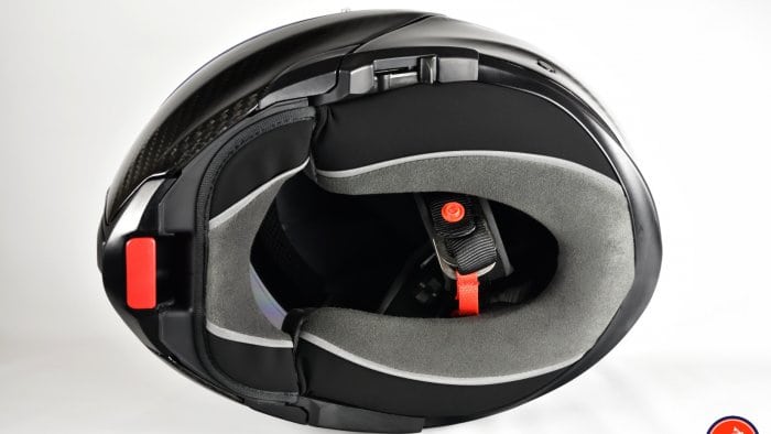 AGV Sportmodular Carbon Gloss helmet bottom view with chinstrap.