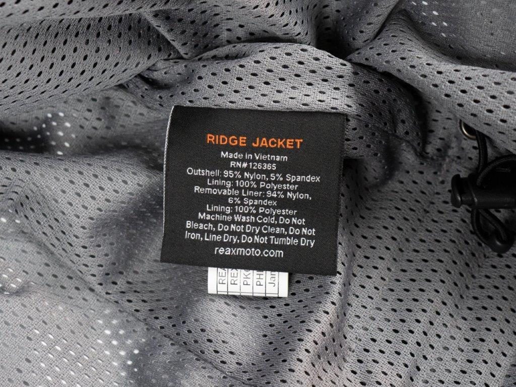 REAX Ridge Textile Jacket Interior Tag Information