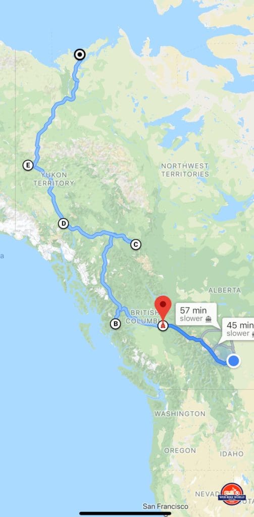 The course of my ride to Tuk through AB and BC.