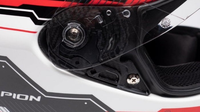 Scorpion EXO R420 Helmet Closeup of Visor Mechanism