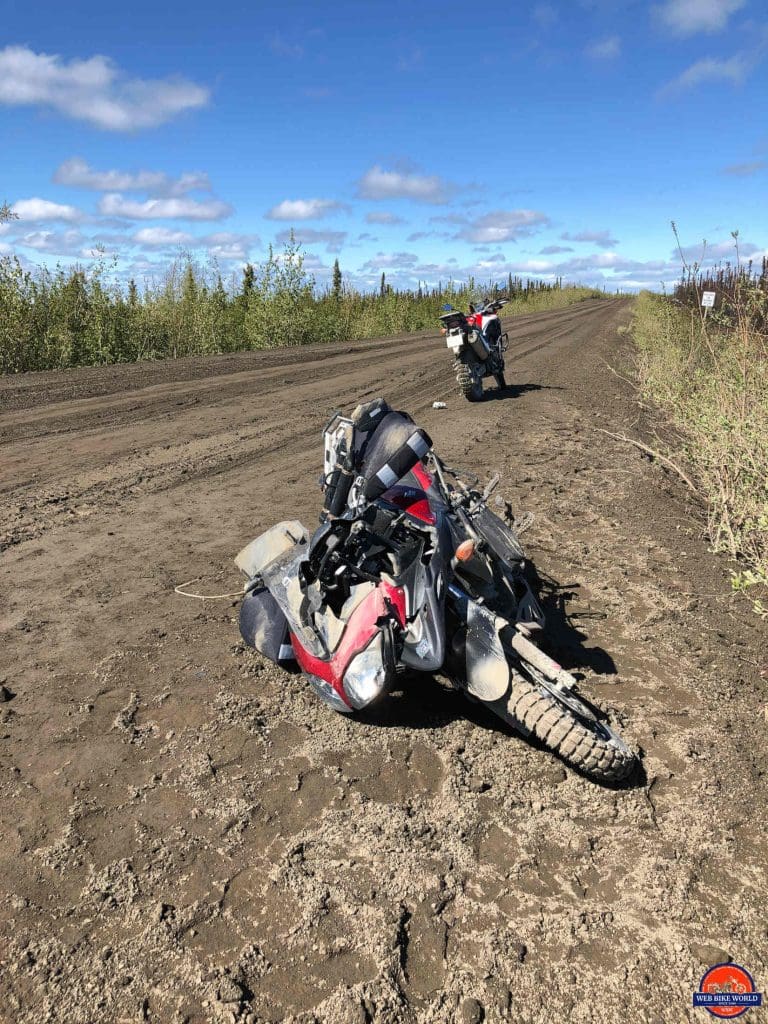 A Suzuki V Strom destroyed by the Dempster Highway