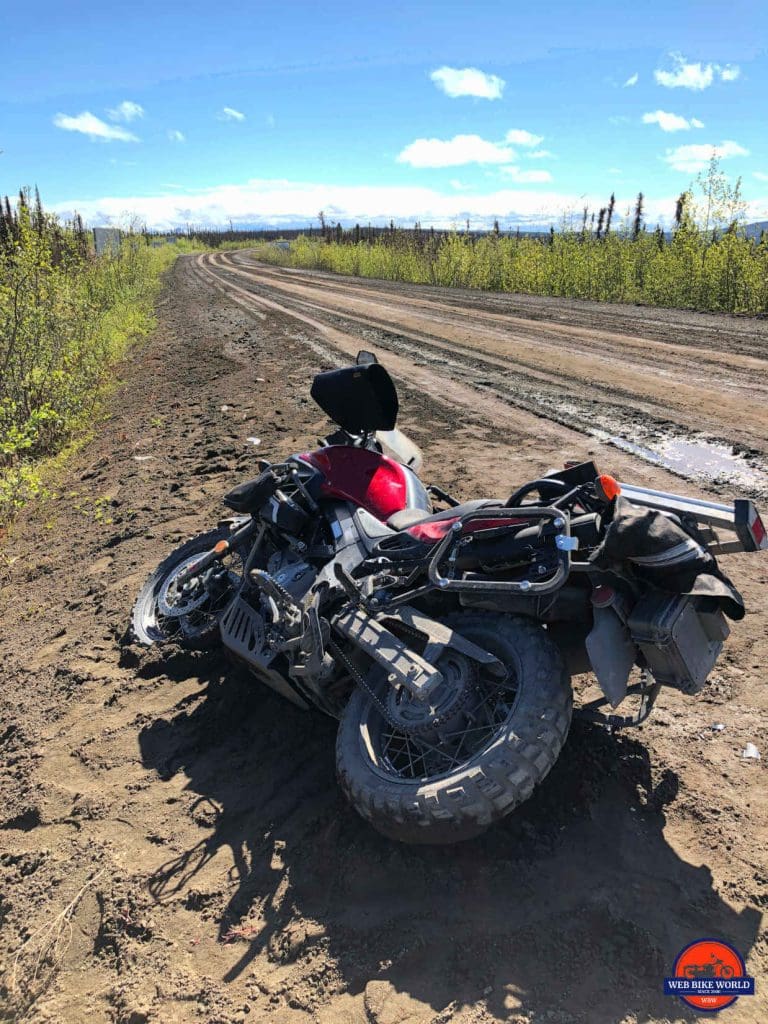 A Suzuki V Strom destroyed by the Dempster Highway.