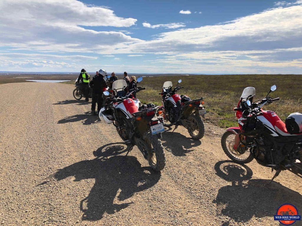 Meeting up with other riders on the Dempster Highway near Tuktoyaktuk.