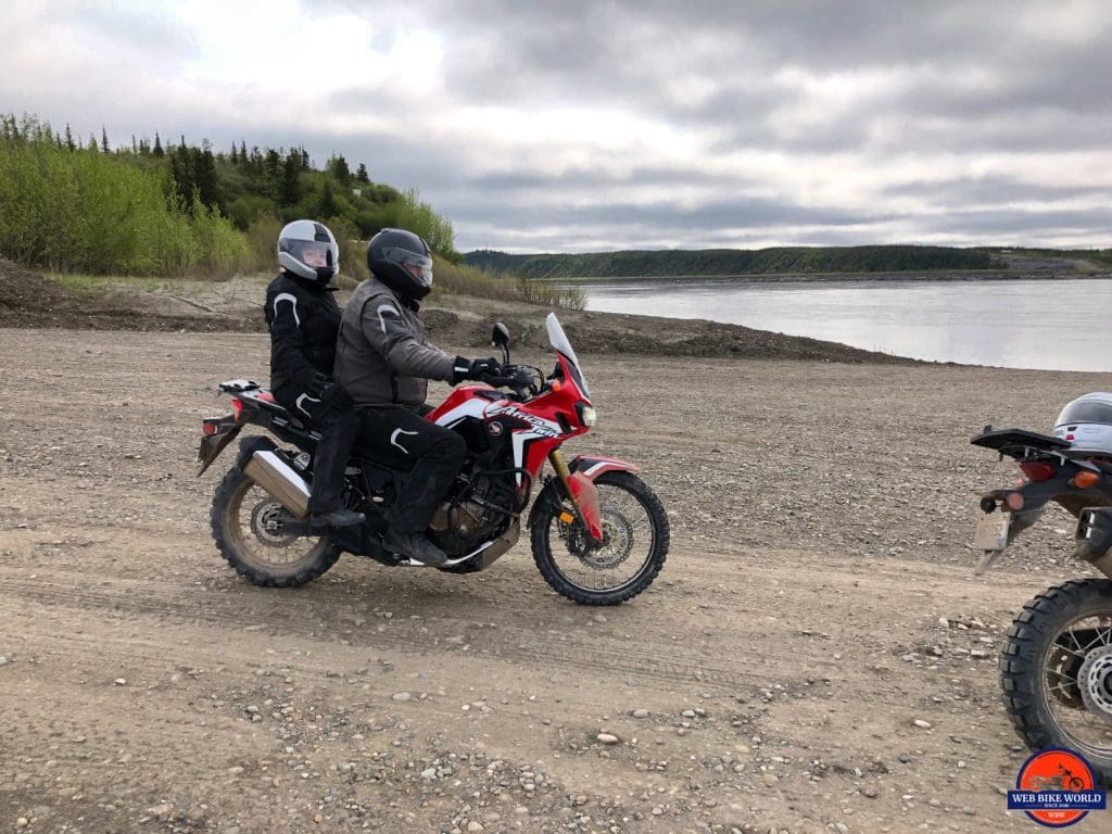 Pat and Carolyn riding an Africa Twin on the Dempster Highway two up.