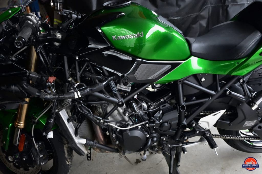 2018 Kawasaki Ninja H2SXSE with left side fairing removed.