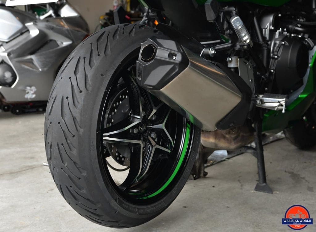 2018 Kawasaki Ninja H2SX SE rear wheel green stripe and chrome highlights.