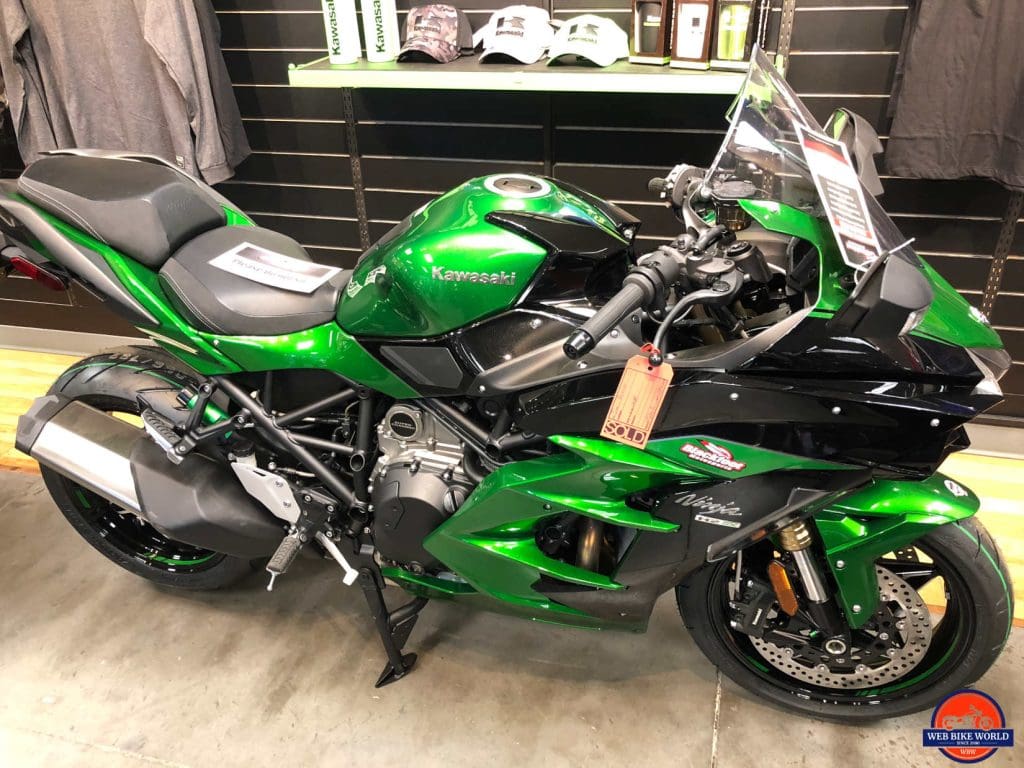 2018 Kawasaki Ninja H2SXSE on the showroom floor at Blackfoot Motosports in Calgary, Alberta.