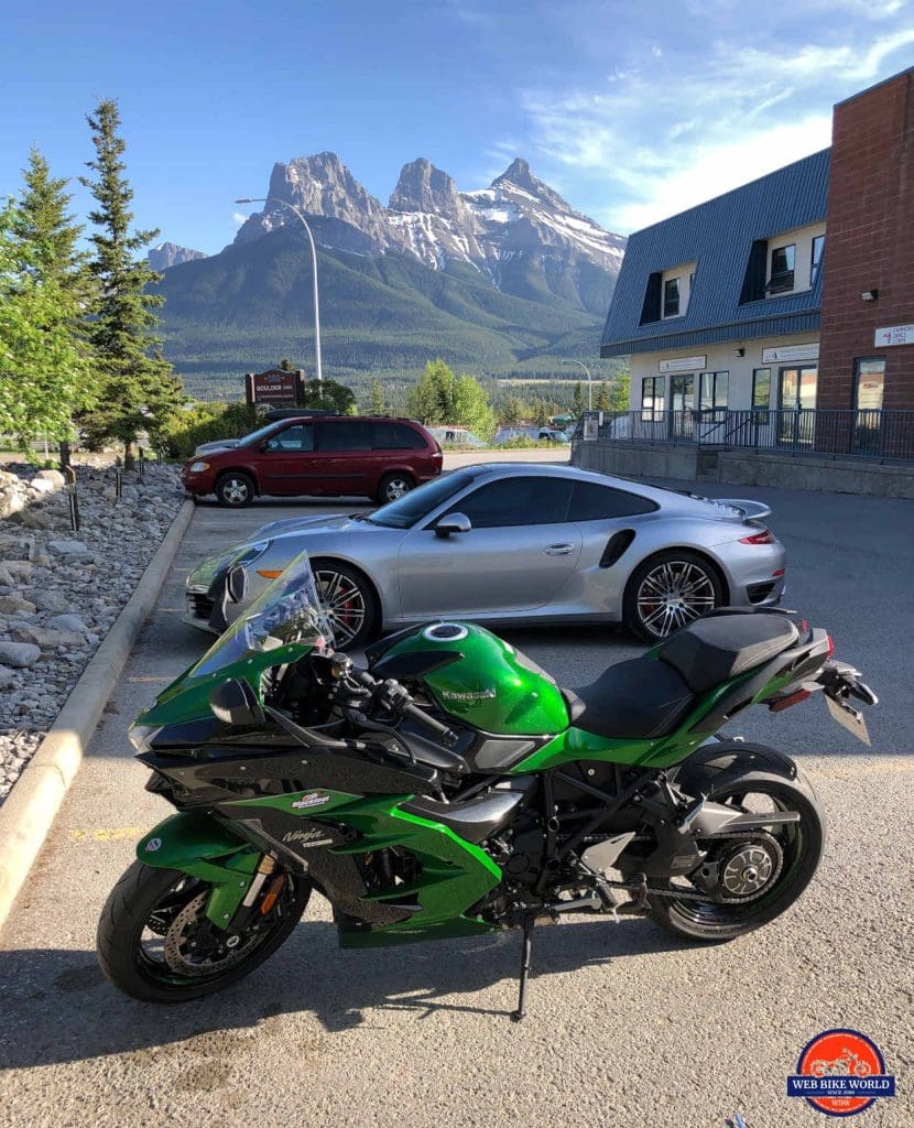 2018 Kawasaki Ninja H2SXSE in Canmore, Alberta with Three Sisters Mountains.