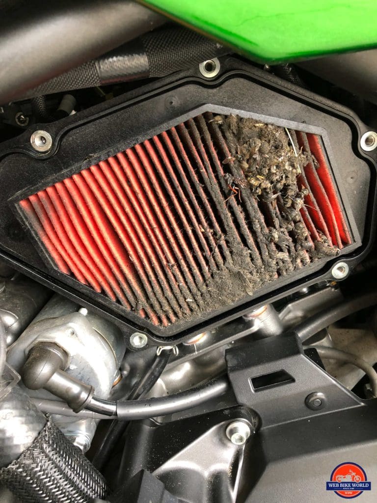 2018 Kawasaki H2SXSE air filter plugged with bug guts.