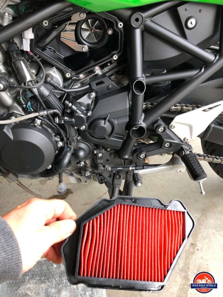 2018 Kawasaki Ninja H2SXSE air filter removed.