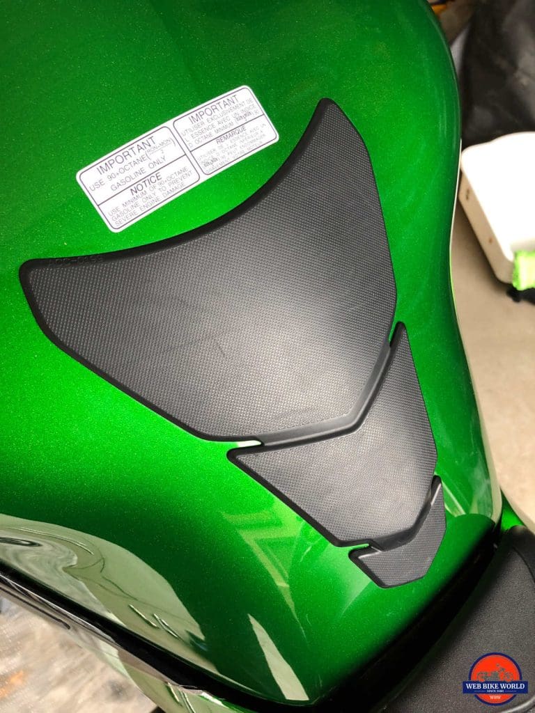 2018 Kawasaki Ninja H2SXSE gas tank protector with scratches on it.