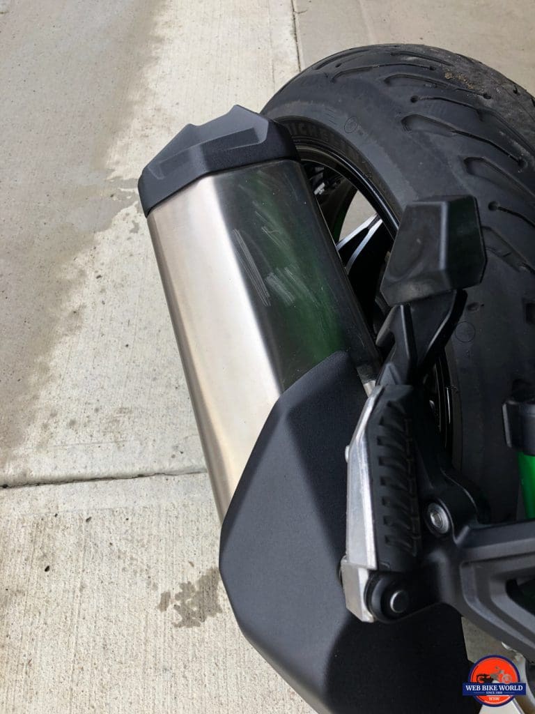 Scratches on the muffler of a 2018 Kawasaki Ninja H2SXSE.