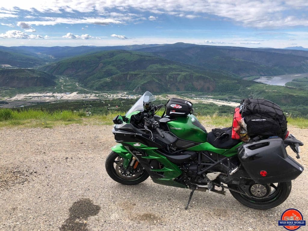 My Kawasaki Ninja H2SX SE on top of the Midnight Dome in Dawson City.