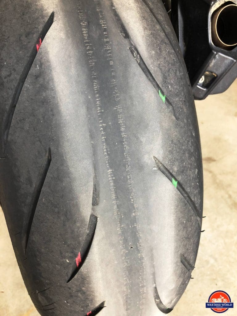 My worn out Bridgestone Battlax tires on my 2018 Kawasaki Ninja H2SX SE after 8200 kms.