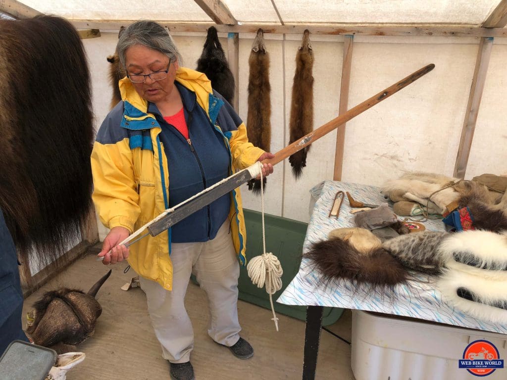 Ilene Jacobsen shows us a spear used for hunting beluga in Tuktoyaktuk.