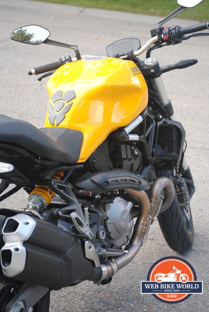 2018 Ducati Monster 821 Motorcycle Rearview Closeup of Mirrors and Fuel Tank