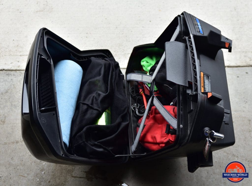 2018 Kawasaki Ninja H2SXSE luggage opened up and full of items.