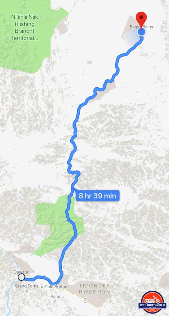 Map showing the Dempster Highway from Dawson City to Eagle Plains.