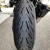 A photo of a brand new Michelin Road 5 rear tire after installation on the Ninja H2SX SE.