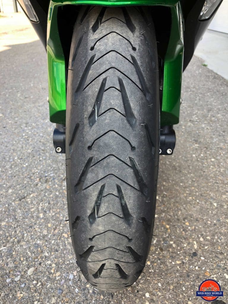 New Michelin Road 5 installed on the front of a Ninja H2SX SE.