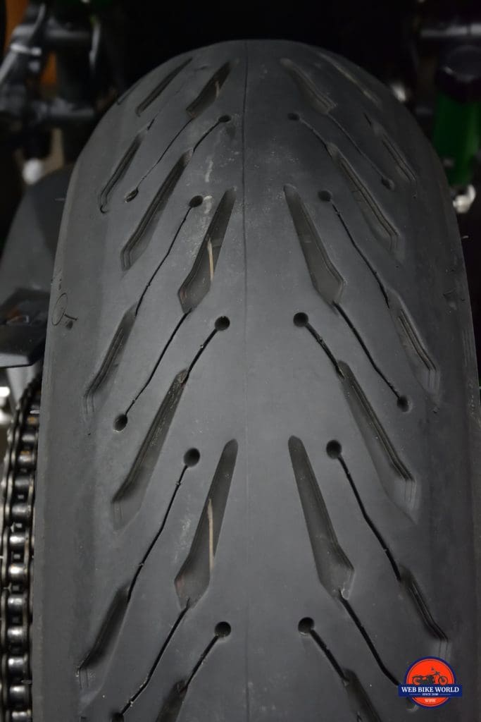 A close up photo above of the rear Michelin Road 5 tire after nearly 3000 miles.