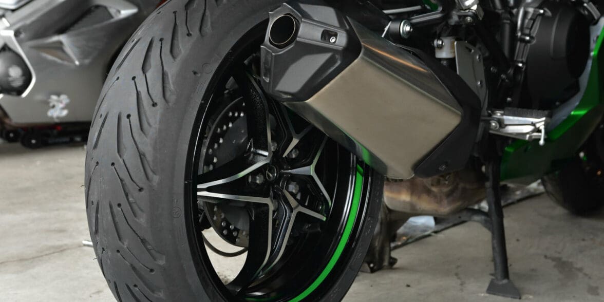 A Michelin Road 5 rear tire installed on a Ninja H2SX SE.
