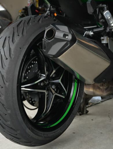 A Michelin Road 5 rear tire installed on a Ninja H2SX SE.