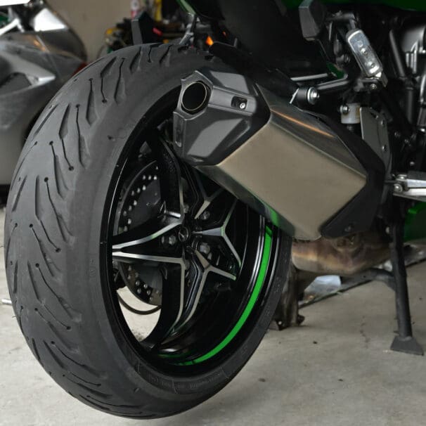 A Michelin Road 5 rear tire installed on a Ninja H2SX SE.