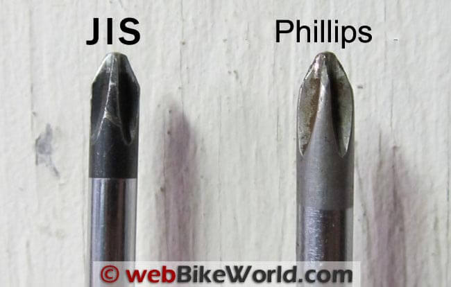 Image showing the difference between a Phillips and JIS screwdriver tip.