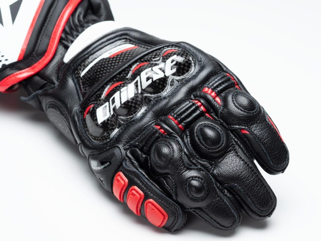 Dainese D1 Druid Long Gloves closeup right hand, knuckle armor