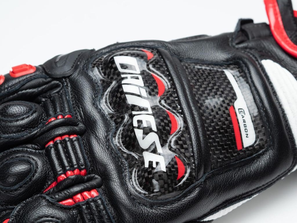Dainese D1 Druid Long Gloves closeup of Dainese logo on back of hand