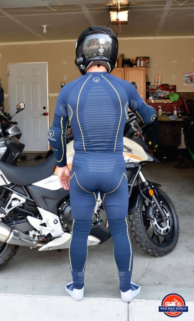 Rear view of me wearing the Forcefield Armour Tech 2 Base Layer top and bottom and sport tubes.