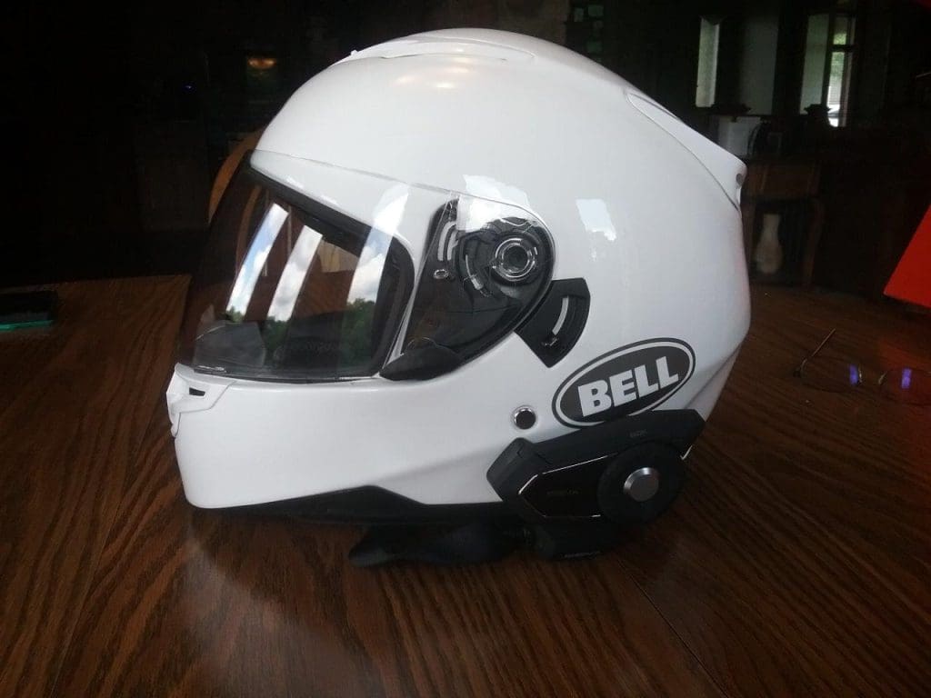 White Bell RS-2 Helmet side view with SENA 30k Device attached