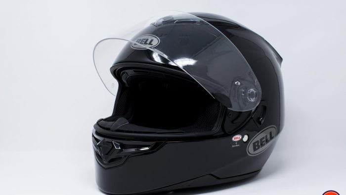 Bell RS-2 Helmet off-side view of chin with visor up