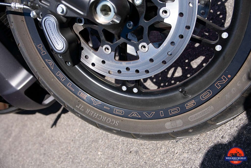 Front wheel of the 2019 Harley Davidson FXDR.