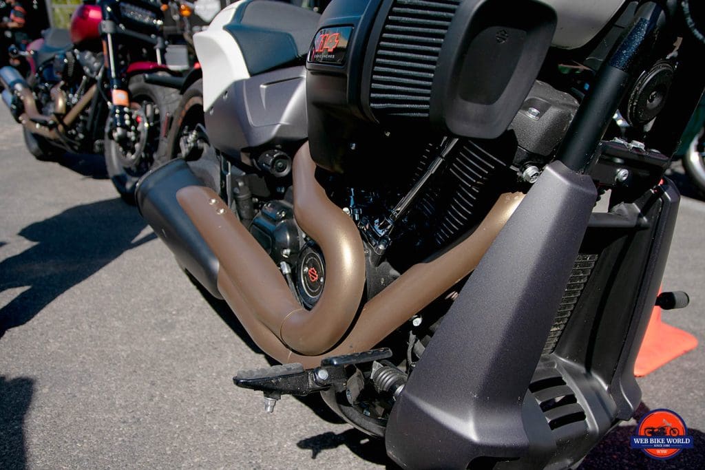 The engine of the 2019 Harley Davidson FXDR.