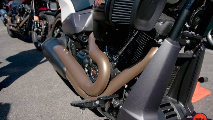 The engine of the 2019 Harley Davidson FXDR.