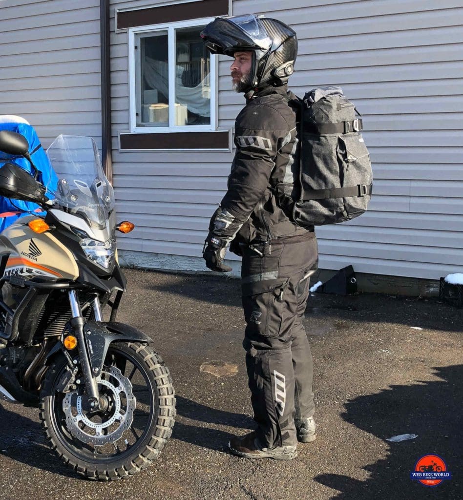 Me wearing the Velomacchi 40L Speedway Backpack.