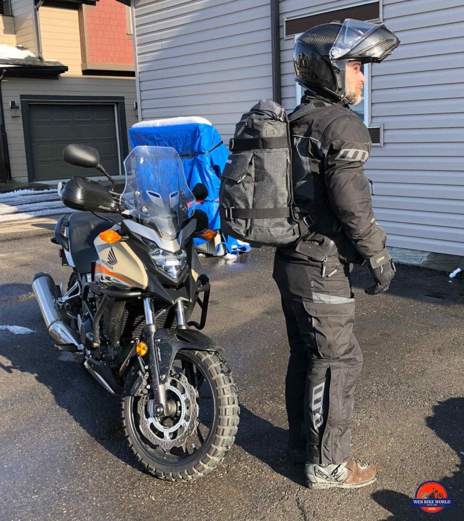 Me wearing the Velomacchi 40L Speedway Backpack.