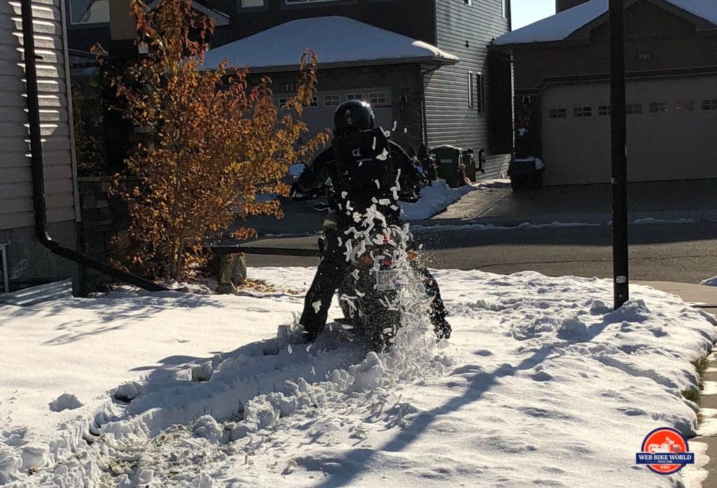 Me riding through the snow while wearing the Velomacchi 40L Speedway Backpack.