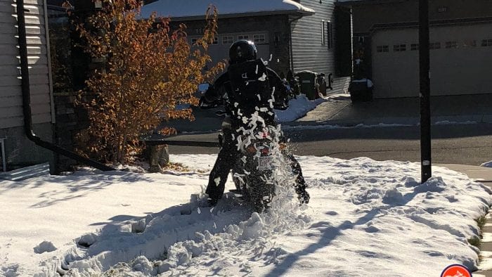Me riding through the snow while wearing the Velomacchi 40L Speedway Backpack.