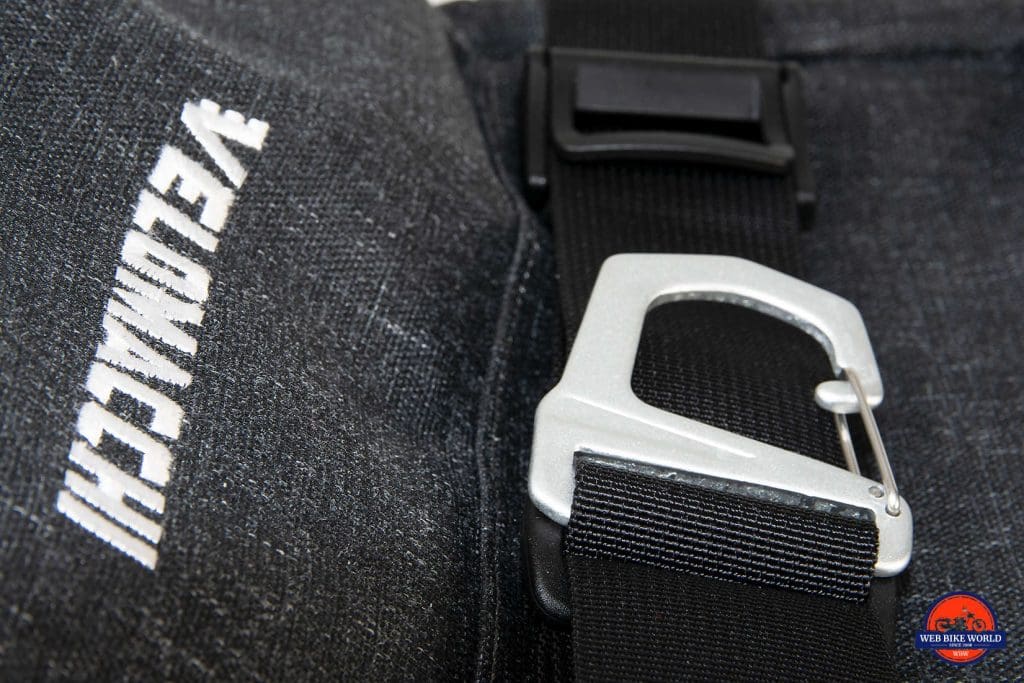 Helmet hook on the Velomacchi 40L Speedway Backpack.