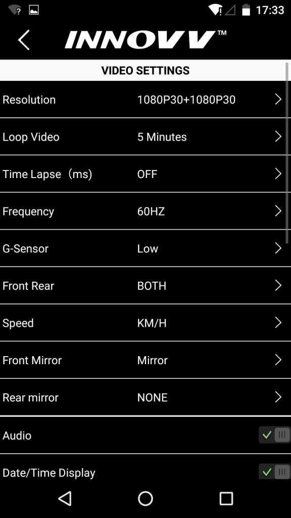 INNOV K2 App Settings Screen