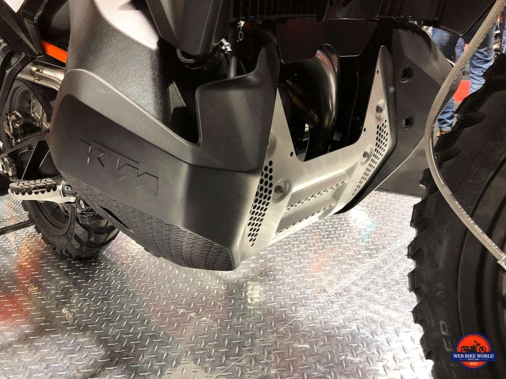 2019 KTM 790 Adventure R skid plate and gas tank protectors.