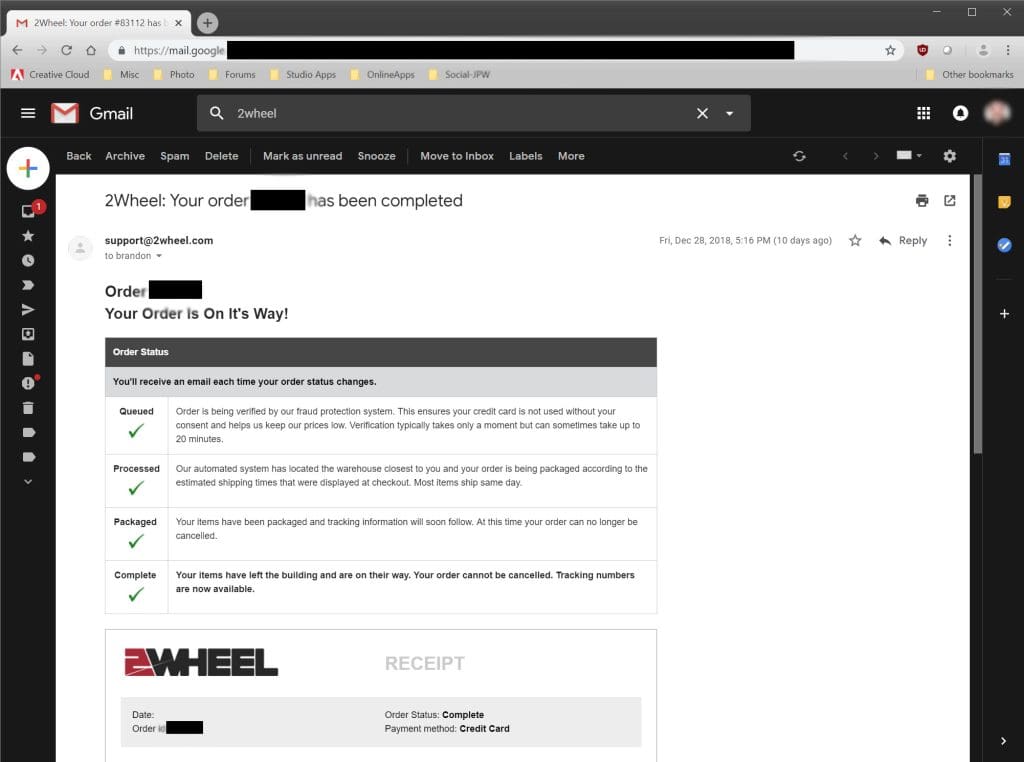 2Wheel.com order confirmation process