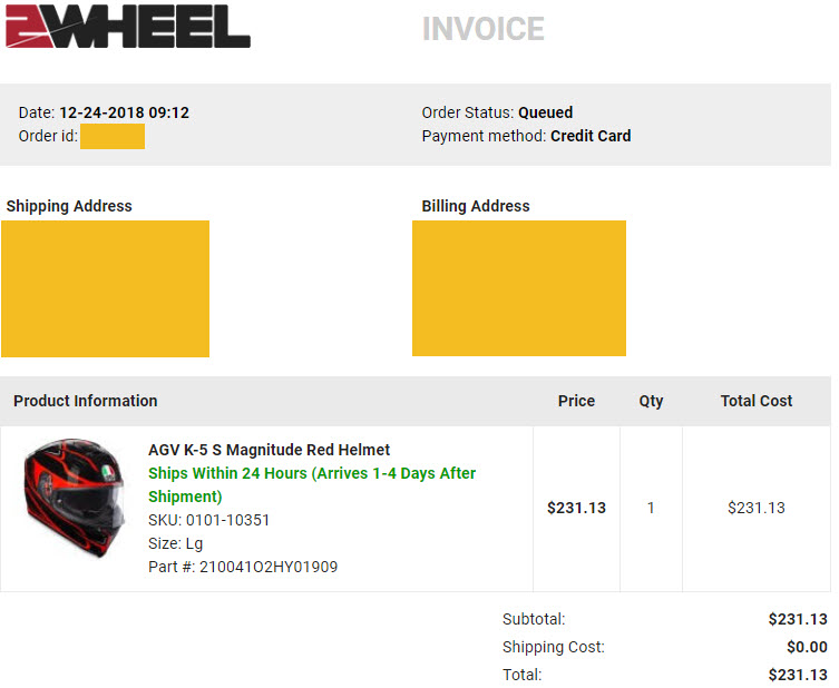 2Wheel.com Order Receipt