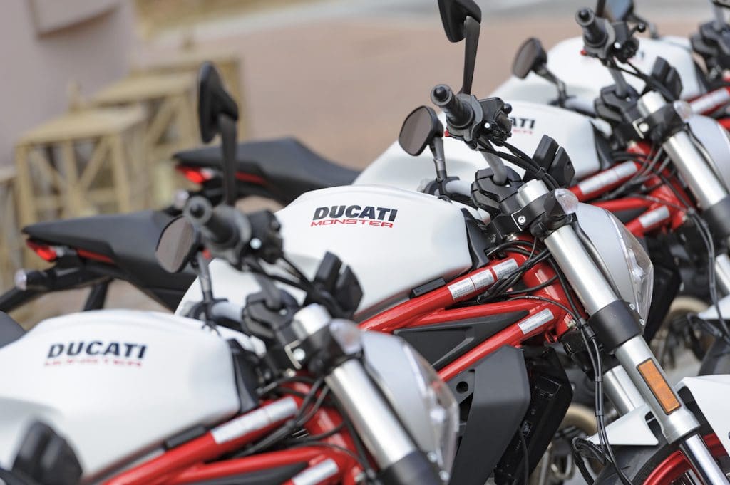 Several Ducati Monster 797 in a line
