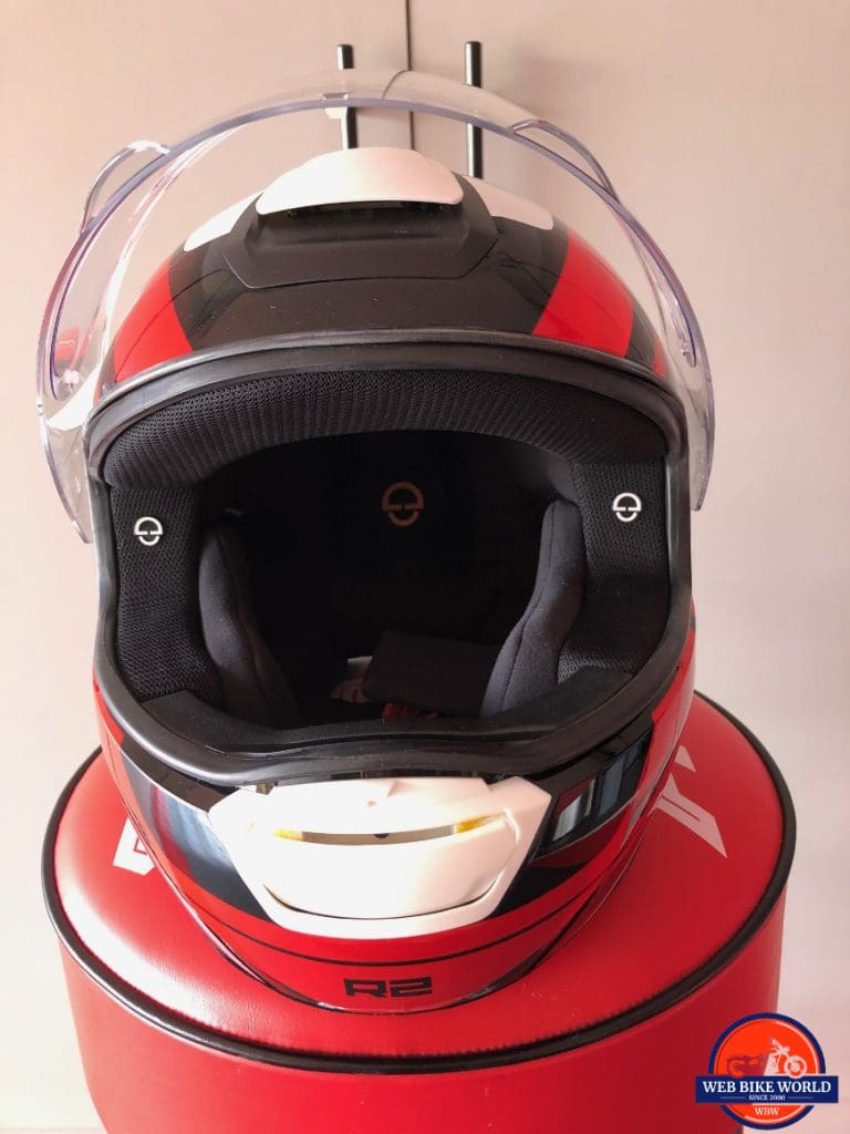 Schuberth R2 with chin and top vent open for airflow