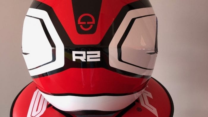 Rear view of Schuberth R2 showing the contour along the back of the helmet to allow for an aggressive riding position